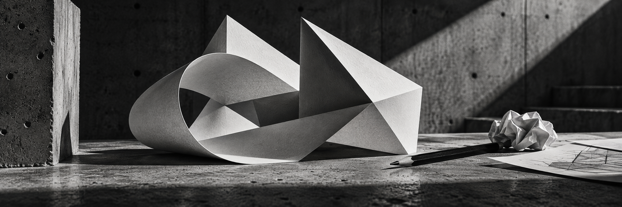 Escultura de papel y lápiz sobre concreto